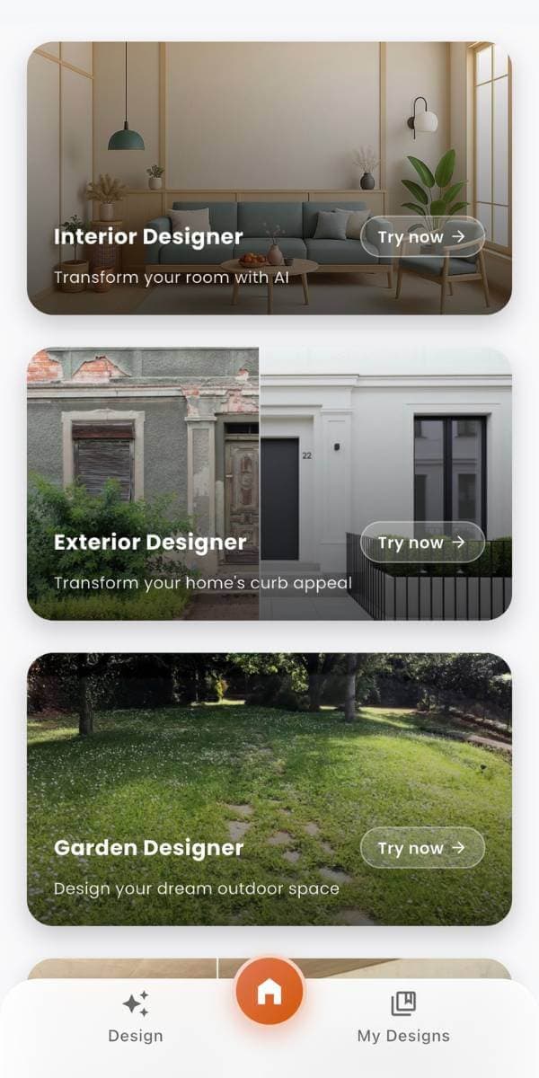 DecorAI AI interior design app interface showing AI room makeover feature on iPhone